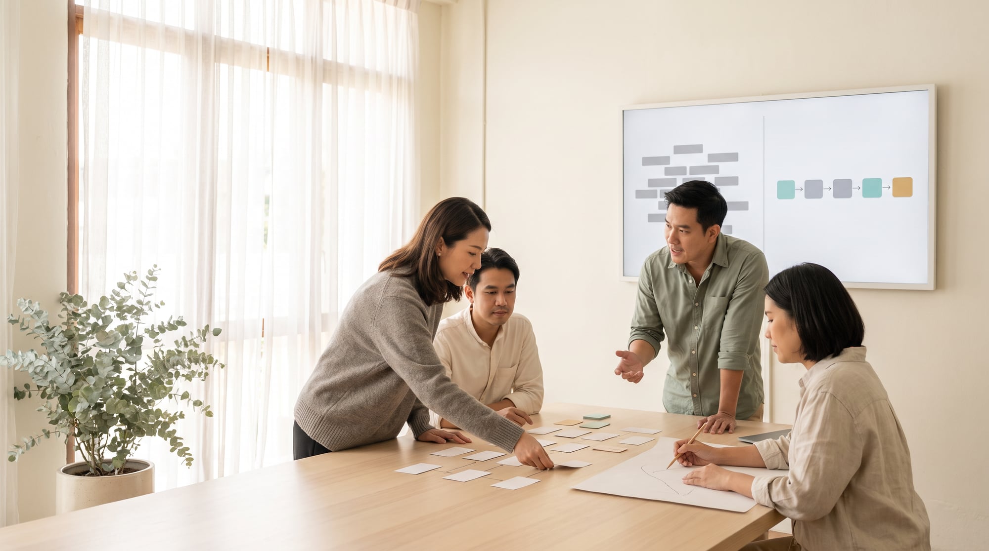 A team redesigns its own workflow in a workshop, with before and after views on screen